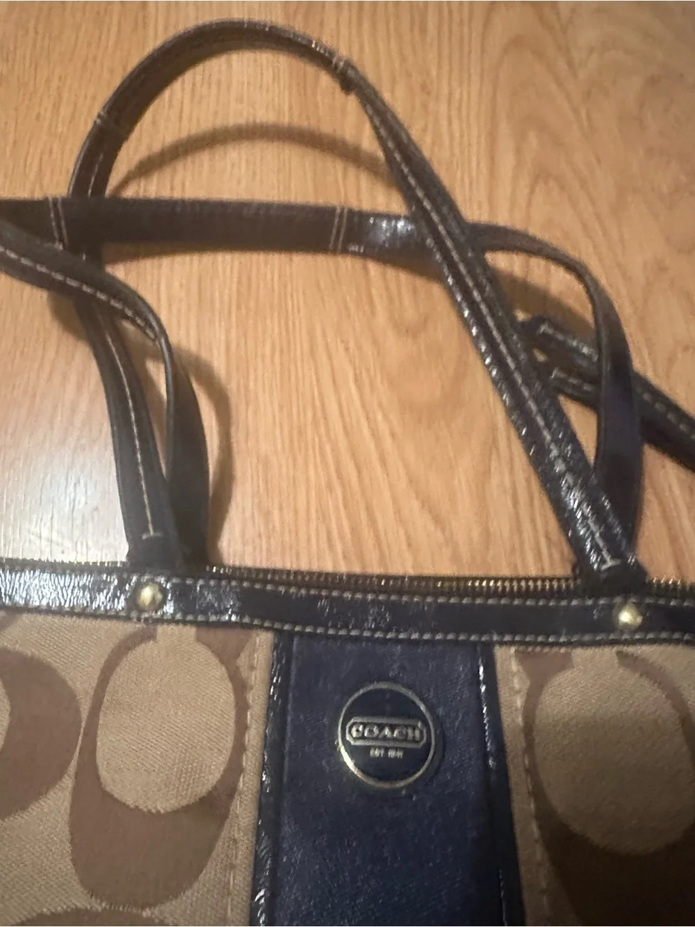 Coach Brown Signature Canvas Tote with Navy Center Stripe